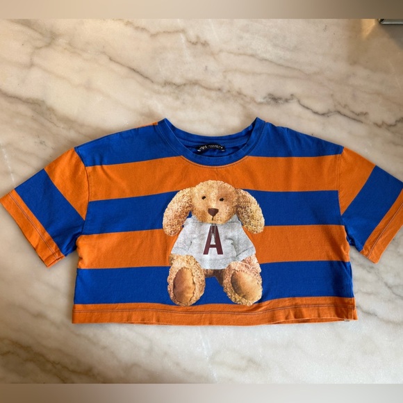 Zara teddy bear Striped Blue and Orange Crop Top medium - Picture 1 of 6